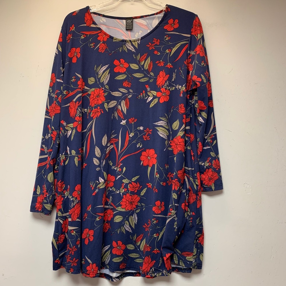 Lildy Swing Tunic Womens 2XL-3XL Navy Red Floral Pocket Long Sleeve Excellent